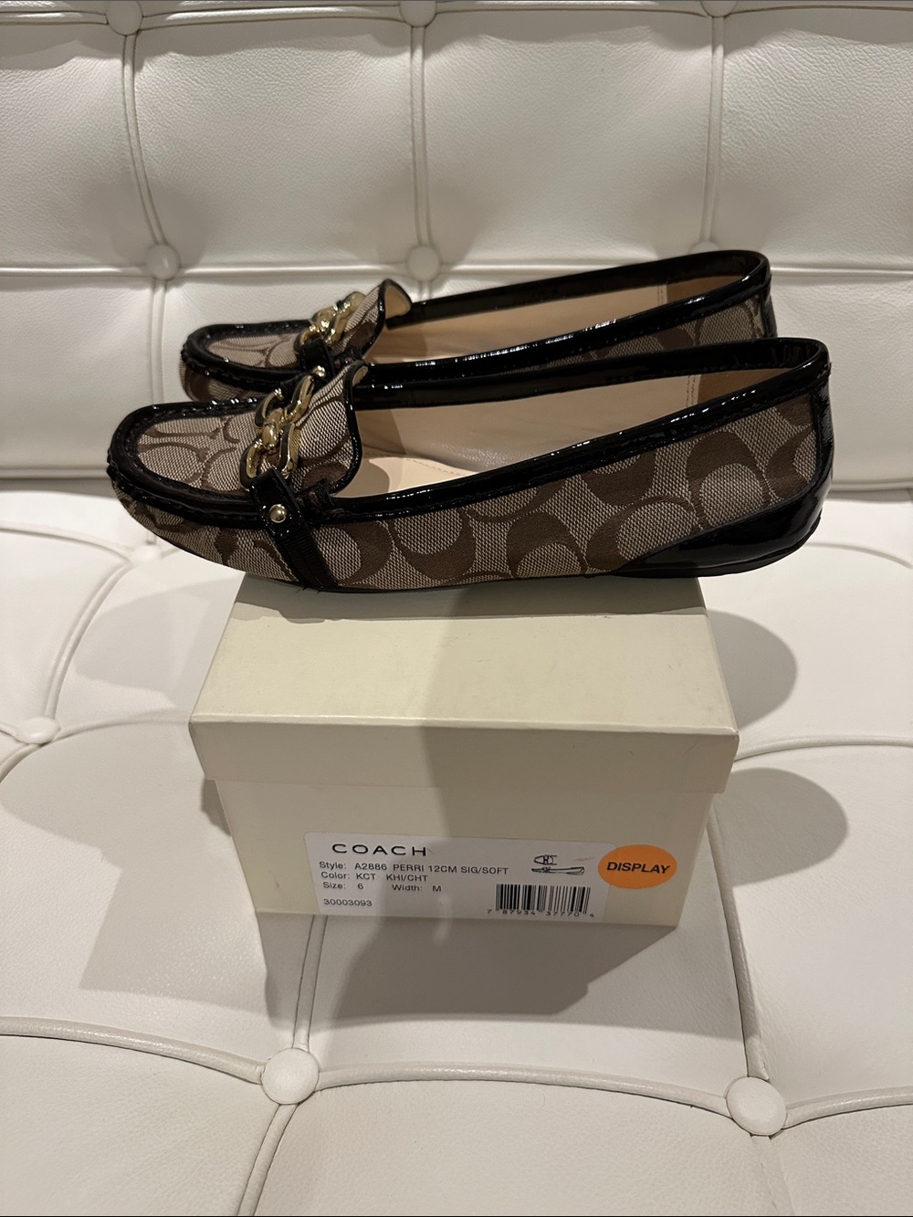 Coach Brown Signature Canvas Loafers with Black Patent Trim and Gold Chain - Picture 3 of 7